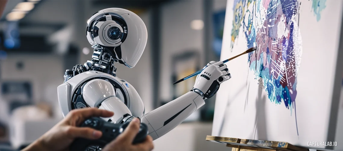 Futuristic humanoid robot painting on canvas using a brush, remotely guided by a human with a joystick in a creative lab.