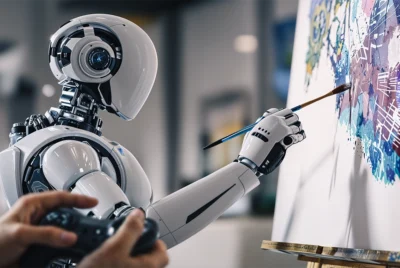 Futuristic humanoid robot painting on canvas using a brush, remotely guided by a human with a joystick in a creative lab.