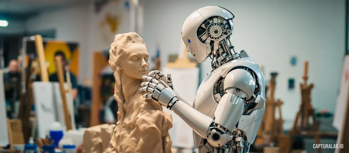 Lifelike robot sculpting a human bust in a clay art studio, showcasing precise craftsmanship and artistic expression in AI.